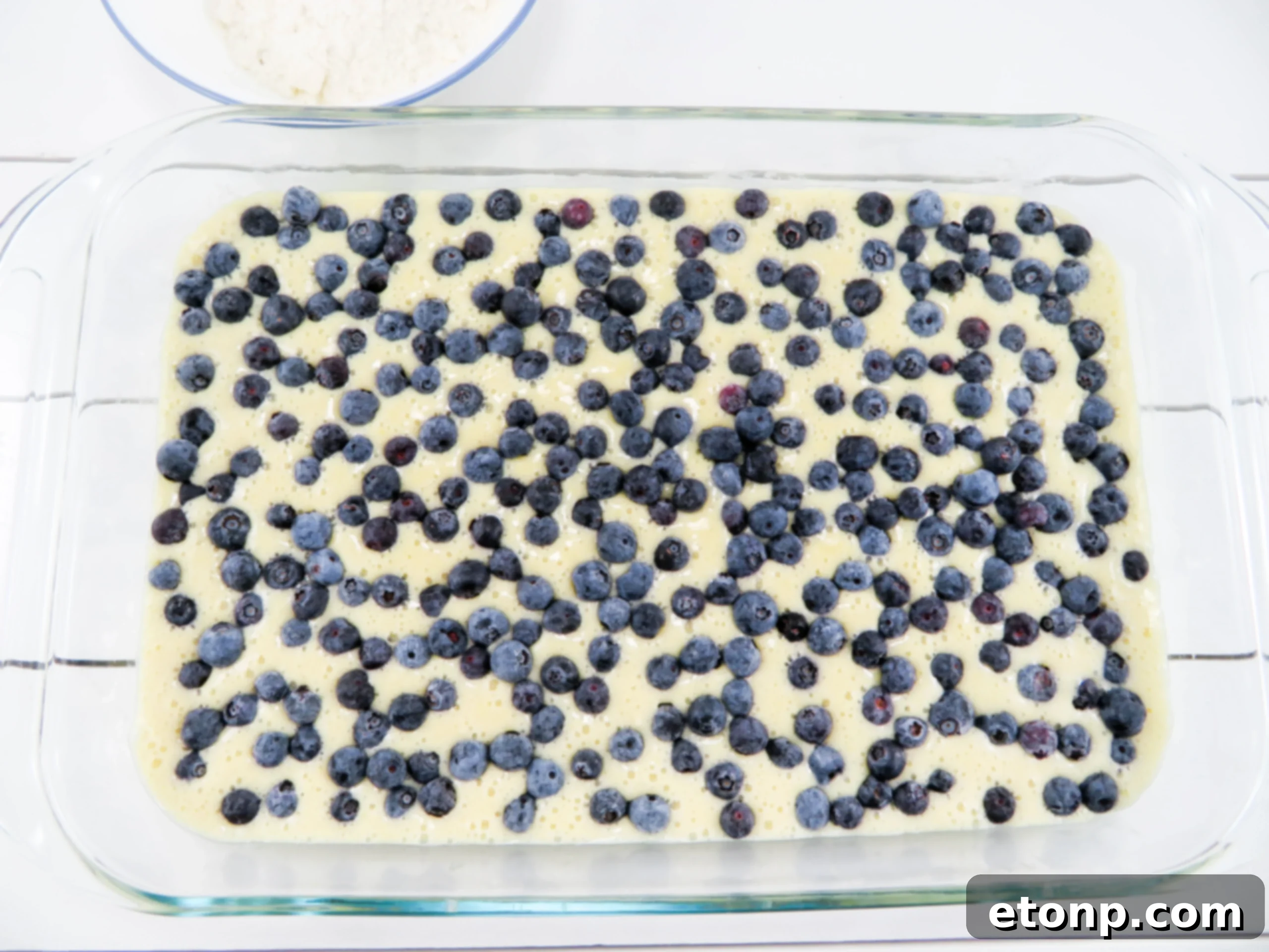 Close-up of a slice of Blueberry Butter Cake showing moist texture and blueberries