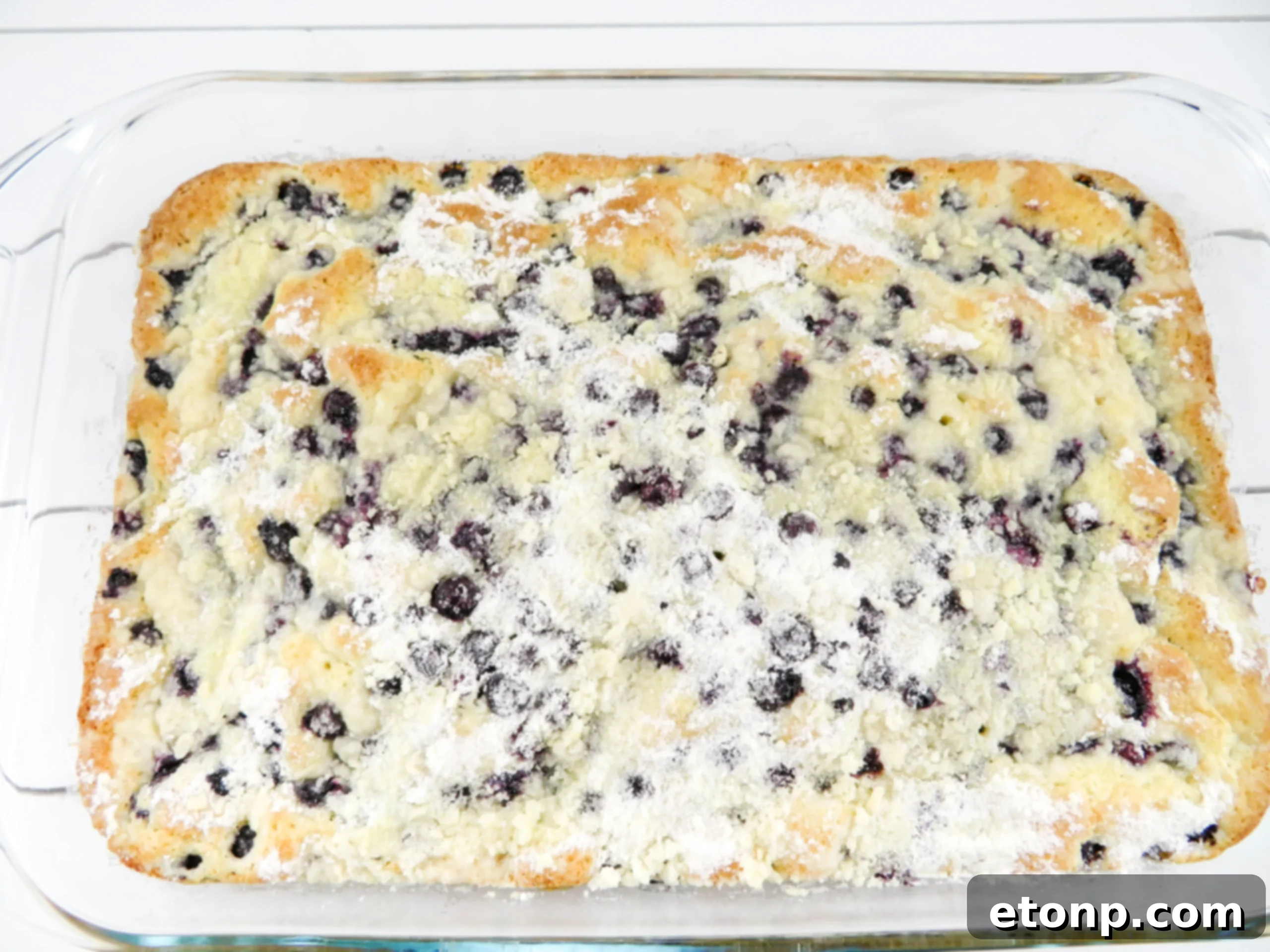 Blueberry Butter Cake in a baking dish, ready to be served
