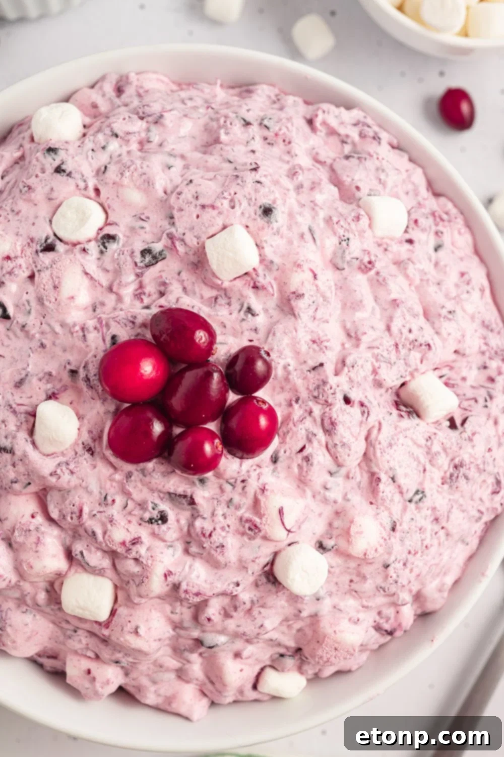 Cranberry Fluff Salad in a white bowl with mini marshmallows on top and fresh cranberries. Then in another bowl is mini marshmallows on marble counter 