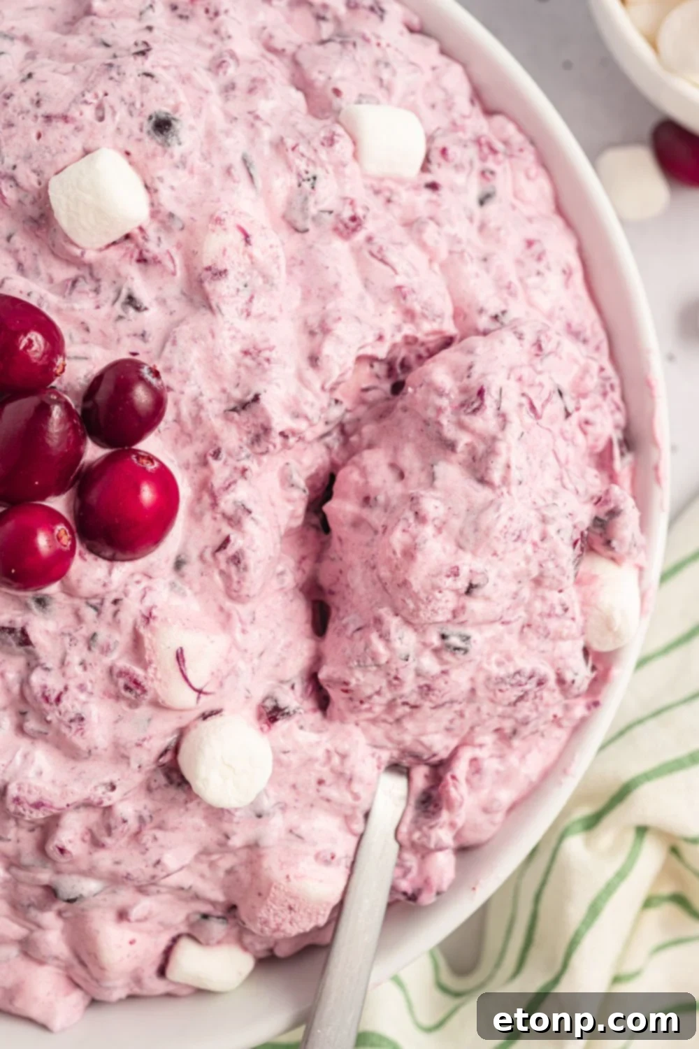 Cranberry Fluff Salad in a white bowl with fresh cranberries in center, and a pin striped towel around side of bowl