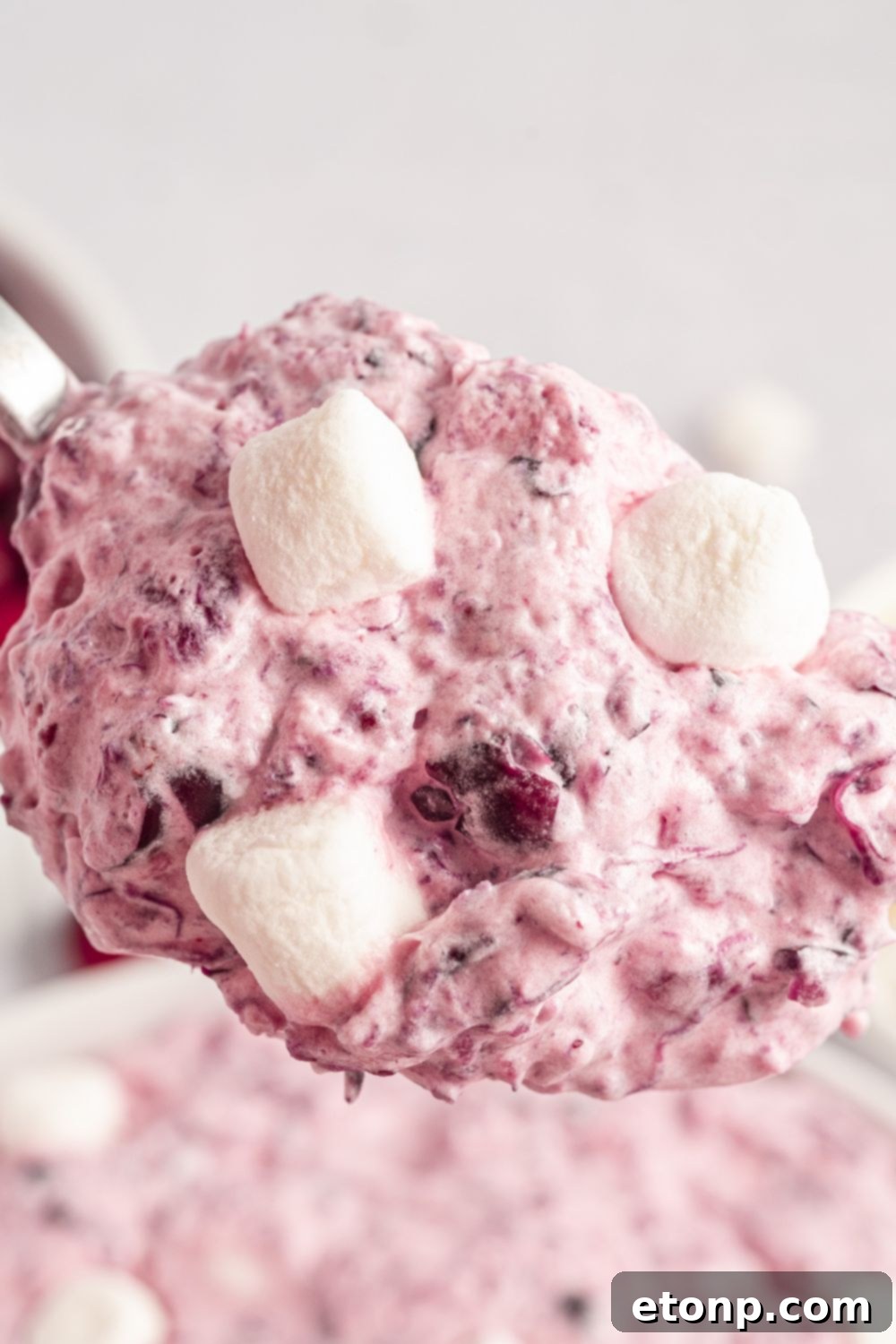 a spoon full of Cranberry Fluff Salad being held above a bowl of the fluff salad on a white table 
