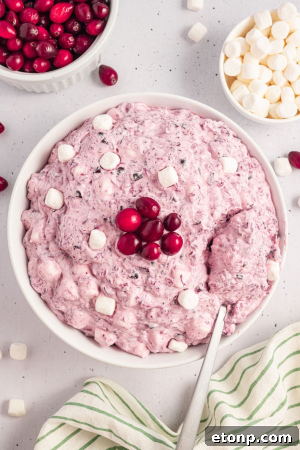 white bowl on table with some Cranberry Fluff Salad topped with extra marshmallows, cranberries, and a mini bowls of cranberries and marshmallows. Then more mini marshmallows on table with a pin striped towel to side 