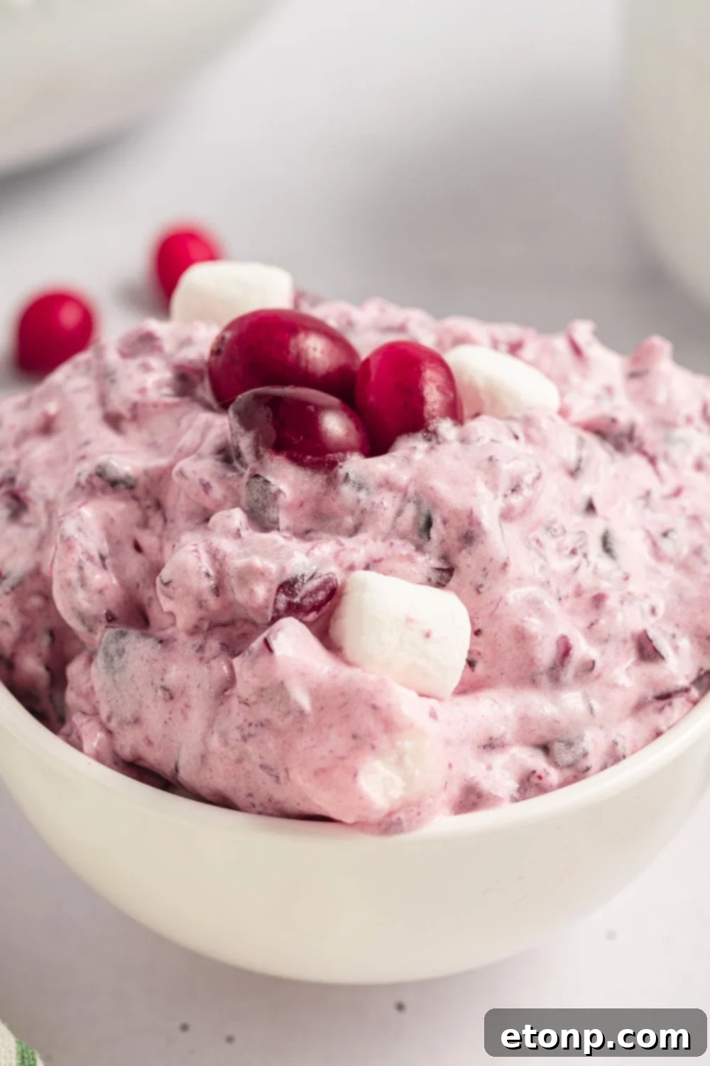 small white bowl full of Cranberry Fluff Salad with a few fresh cranberries 