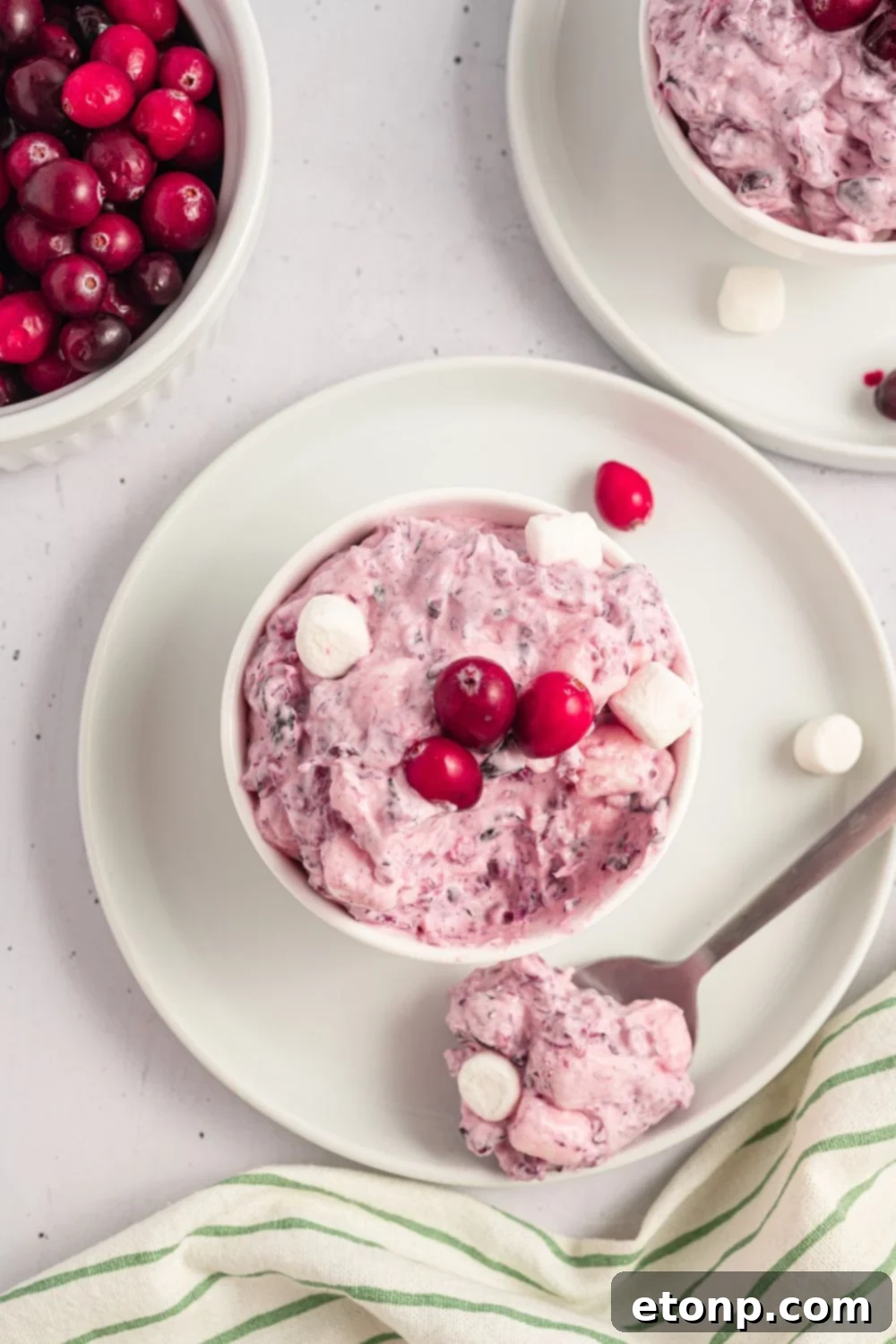white table with a plate with a small bowl full of Cranberry Fluff Salad, and a spoonful of salad sitting on edge of plate. A bowl of fresh cranberries to the side of the plate 