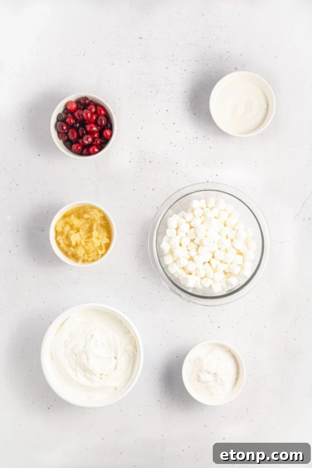 small bowls of ingredients for making Cranberry Fluff Salad. Cranberries, mini marshmallows, and more. 