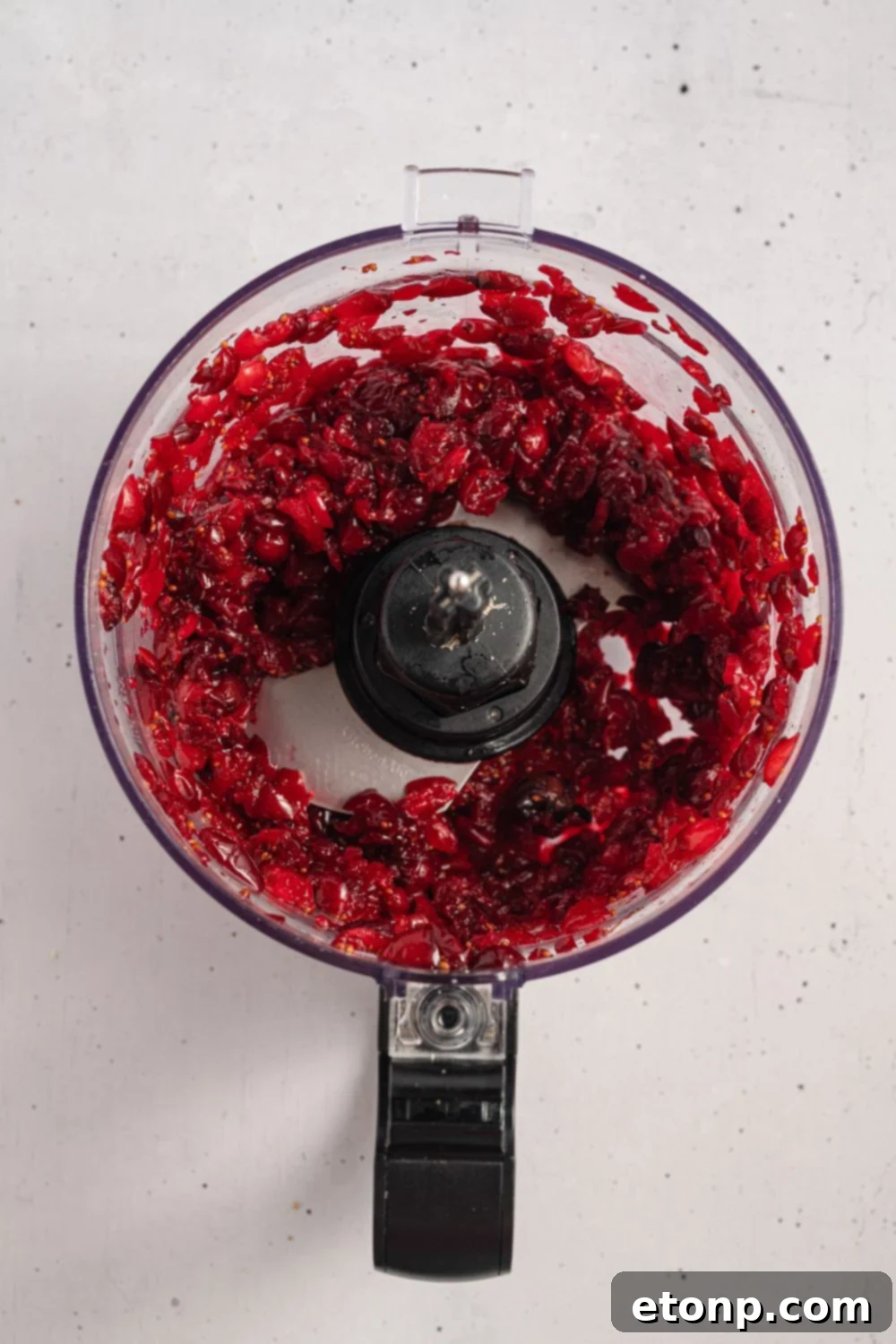 pureed Cranberries in a food processor on counter