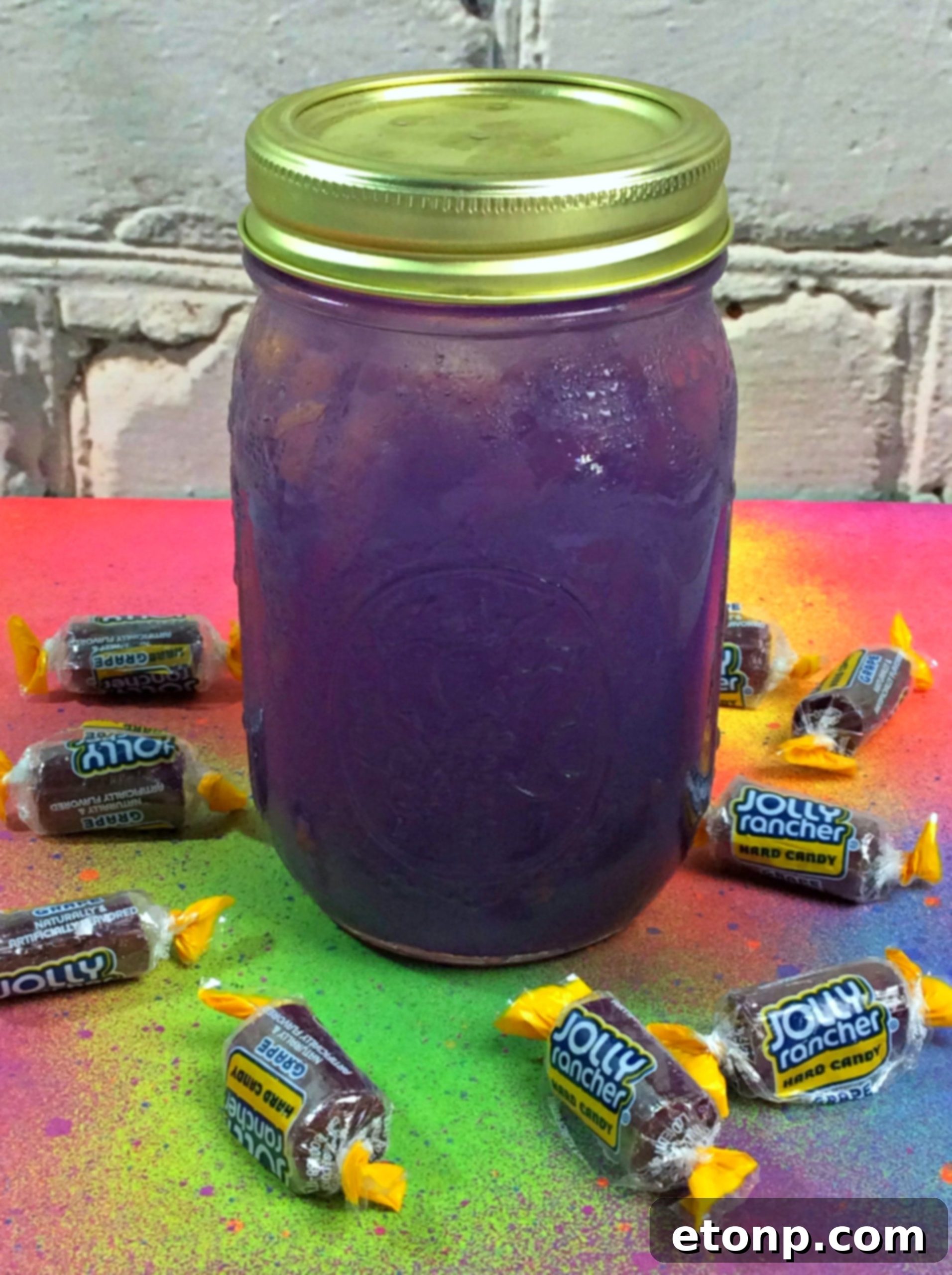 Close-up of Grape Jolly Rancher Moonshine in a glass