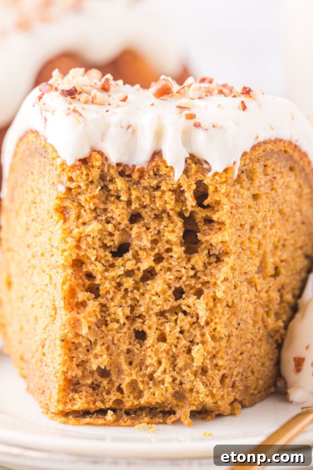 thick slice of a pumpkin bundt cake sitting on a white plate with a few bites taken out of it 