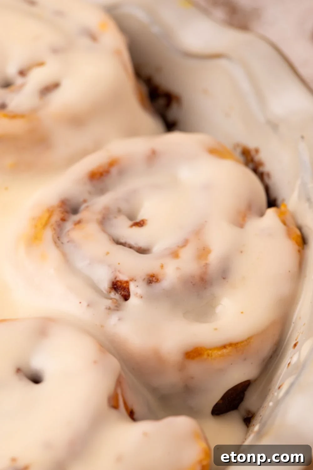 Effortless 2-Ingredient Pumpkin Cinnamon Rolls No Yeast 20 close up of Pumpkin Cinnamon Rolls in a pan on a cream colored table