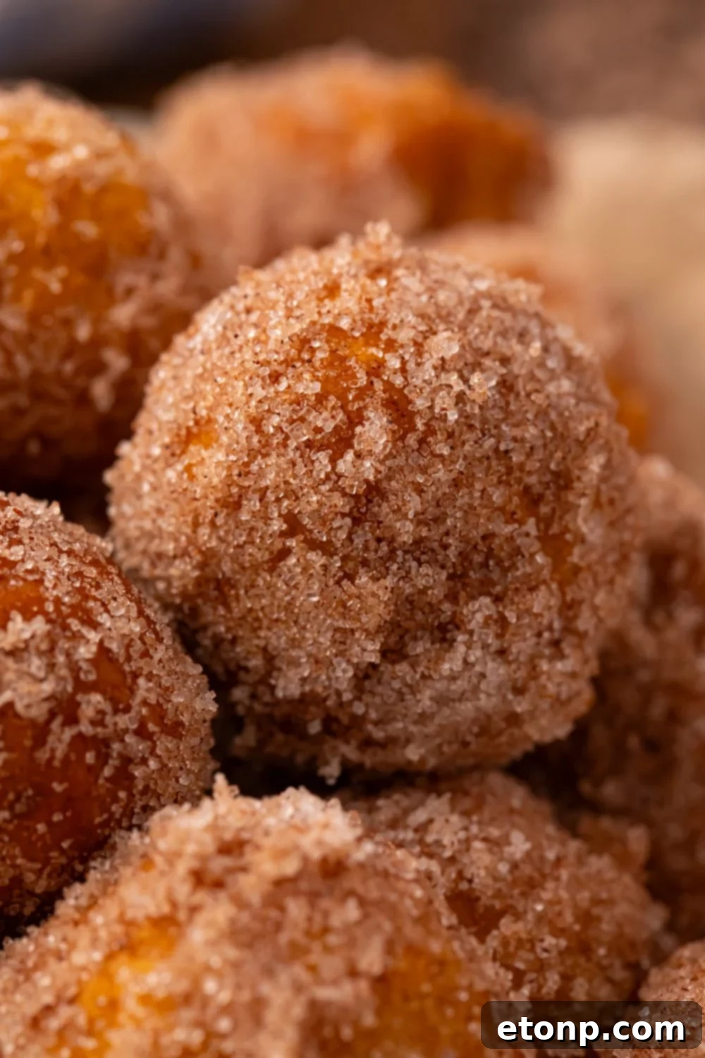 Effortless Two-Ingredient Pumpkin Pie Bites 22 close up look of round Pumpkin Pie Donut Holes that are rolled into cinnamon sugar coating