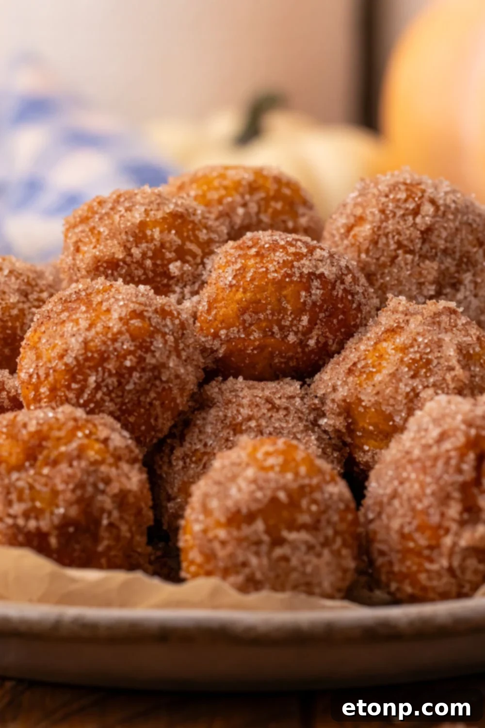 Effortless Two-Ingredient Pumpkin Pie Bites 8 side view of Pumpkin pie donut holes in a bowl on table with a blue checkered towel in the background of picture