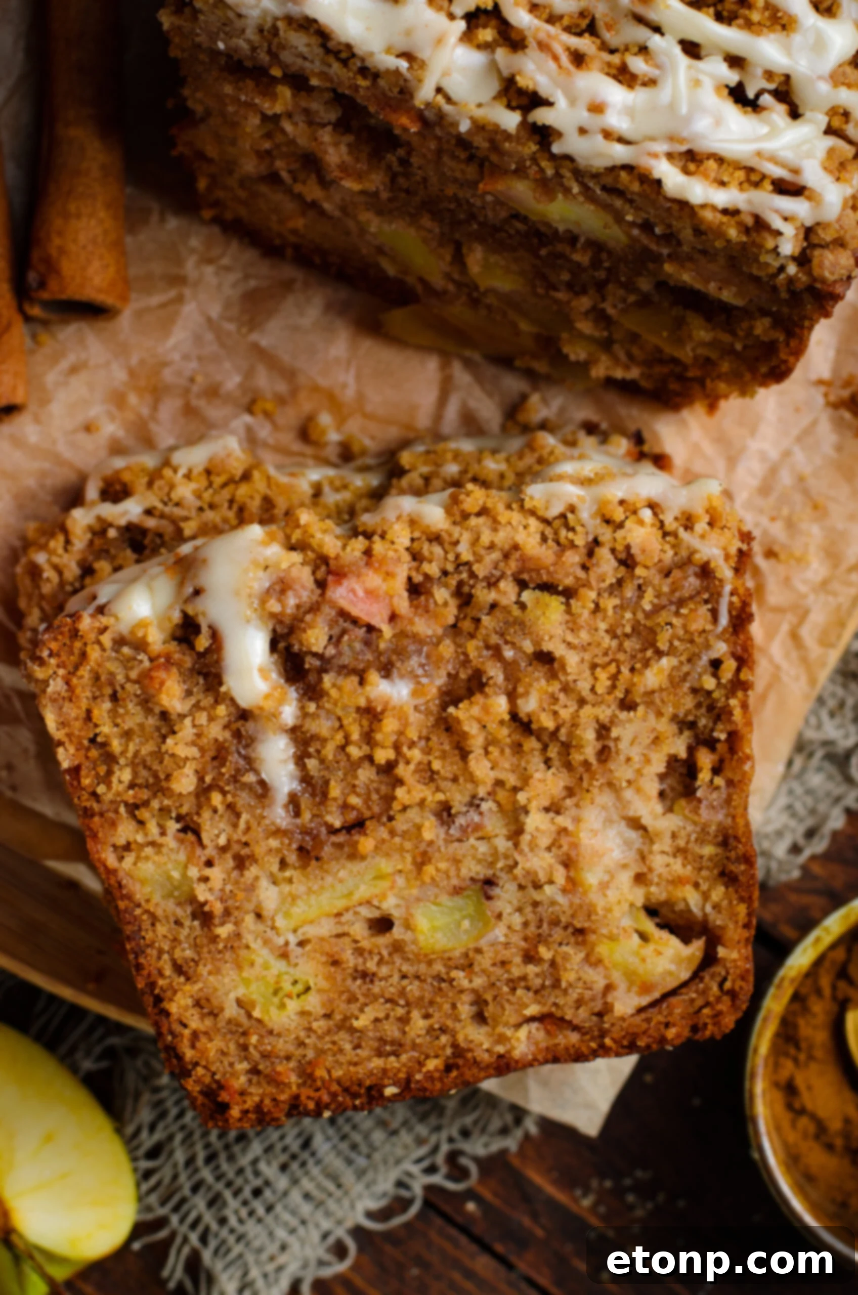 close up view of a slice of the Apple Cinnamon Loaf Cake