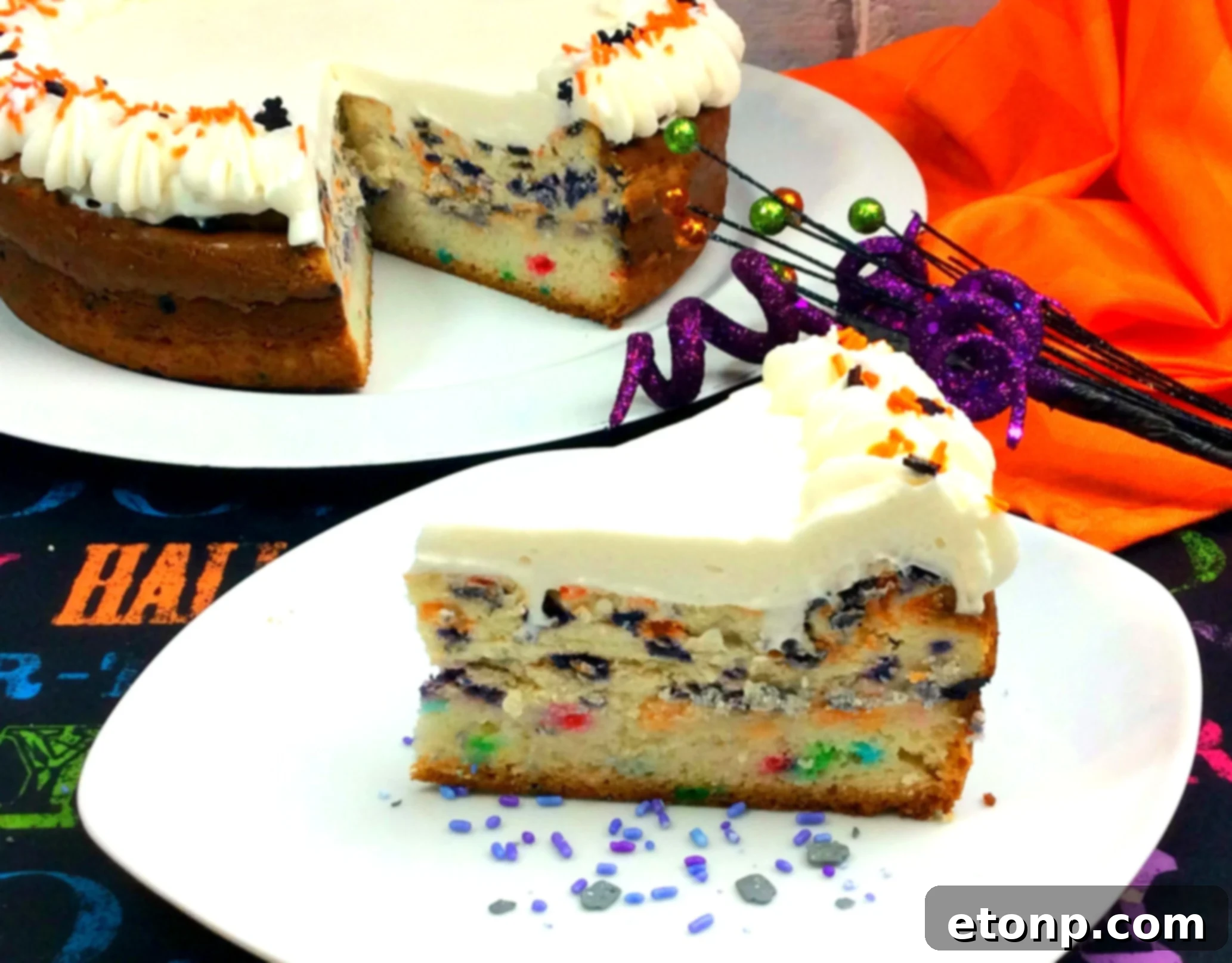A whole Halloween Cheesecake, beautifully garnished and ready for serving