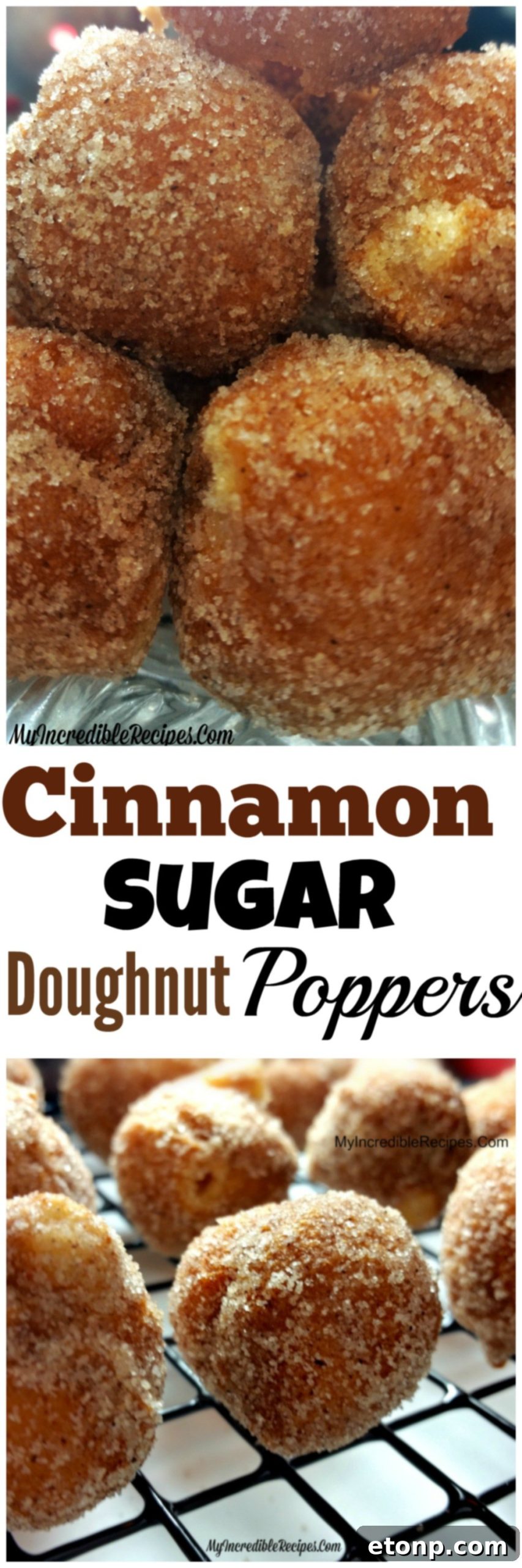 A tall stack of cinnamon sugar doughnut holes with a text overlay for Pinterest sharing.