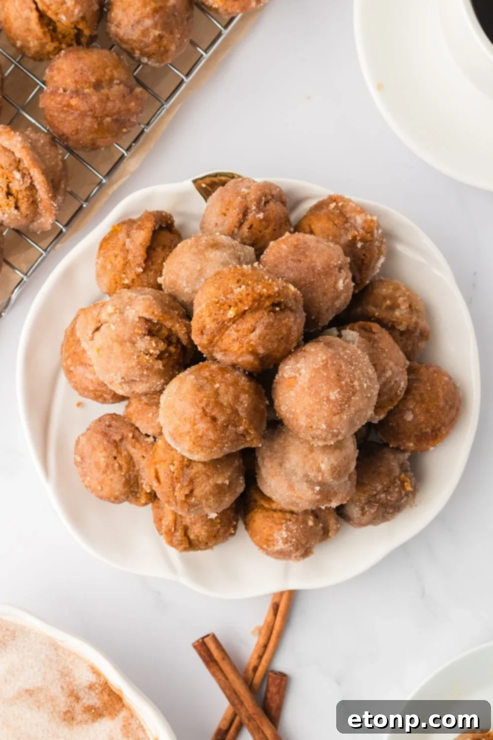 Pumpkin Spice Donut Holes on a white plate sitting on table with cinnamon sticks to side, and more donuts on tray in background 
