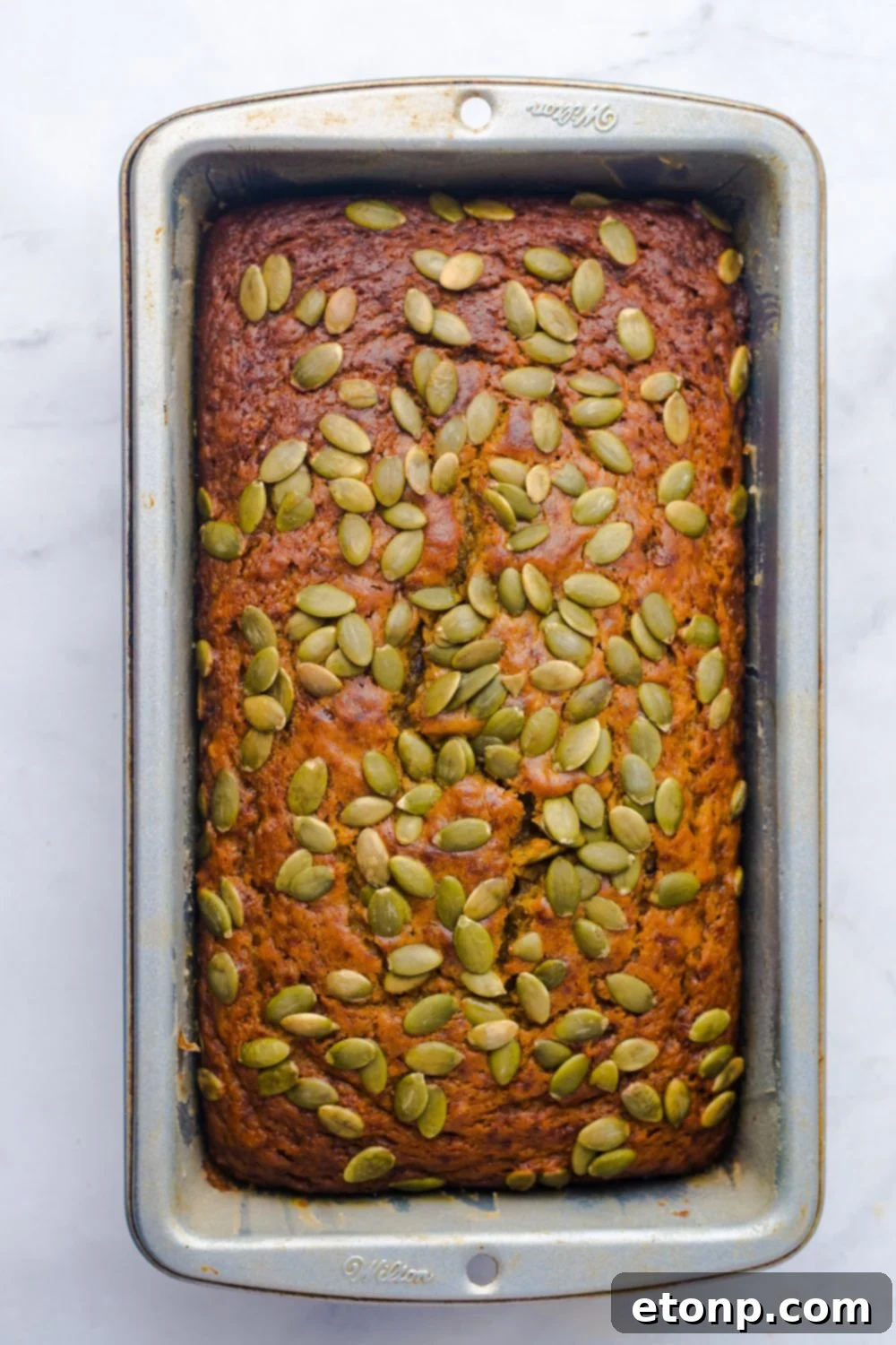 Starbucks Pumpkin Bread in a loaf pan on table with pumpkin seeds all over the top of bread 