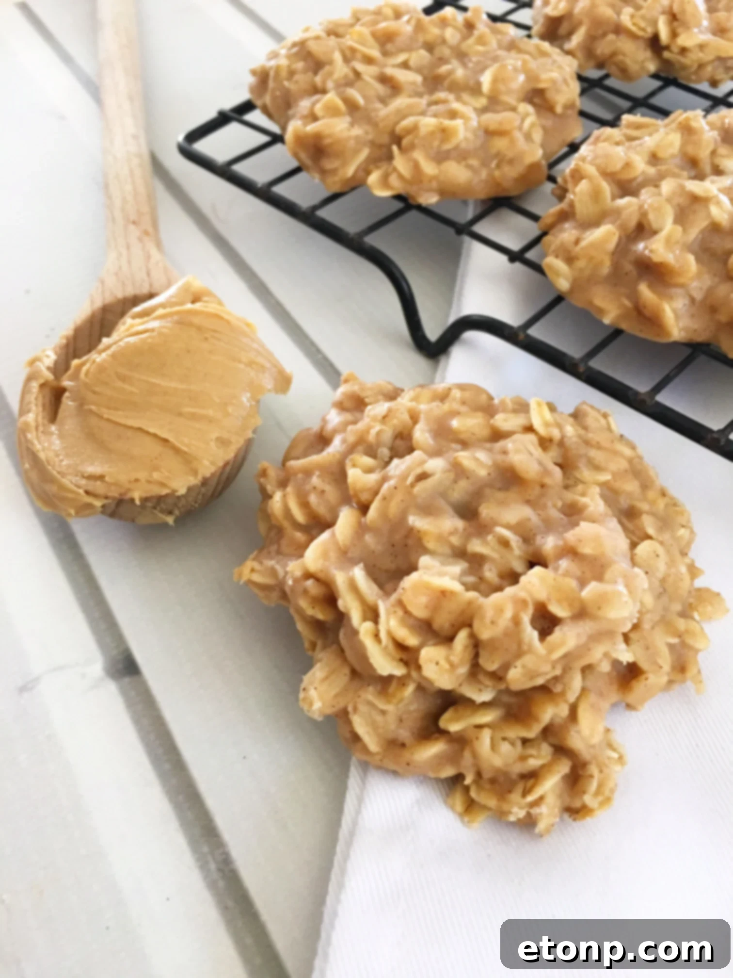 Hand holding a no-bake peanut butter cookie, demonstrating its firm texture