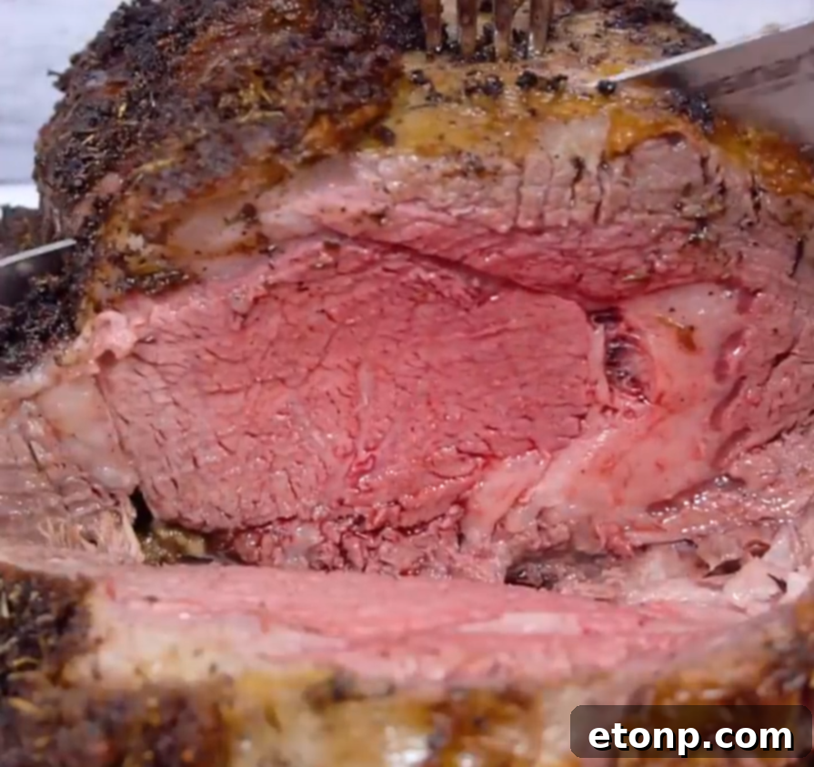 Sliced prime rib roast showing various levels of doneness