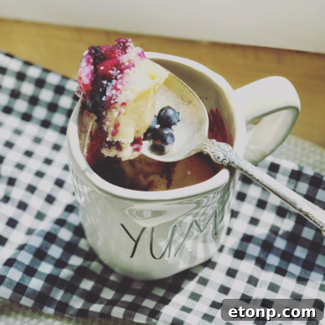 Cooked blueberry muffin mug cake, fluffy and golden