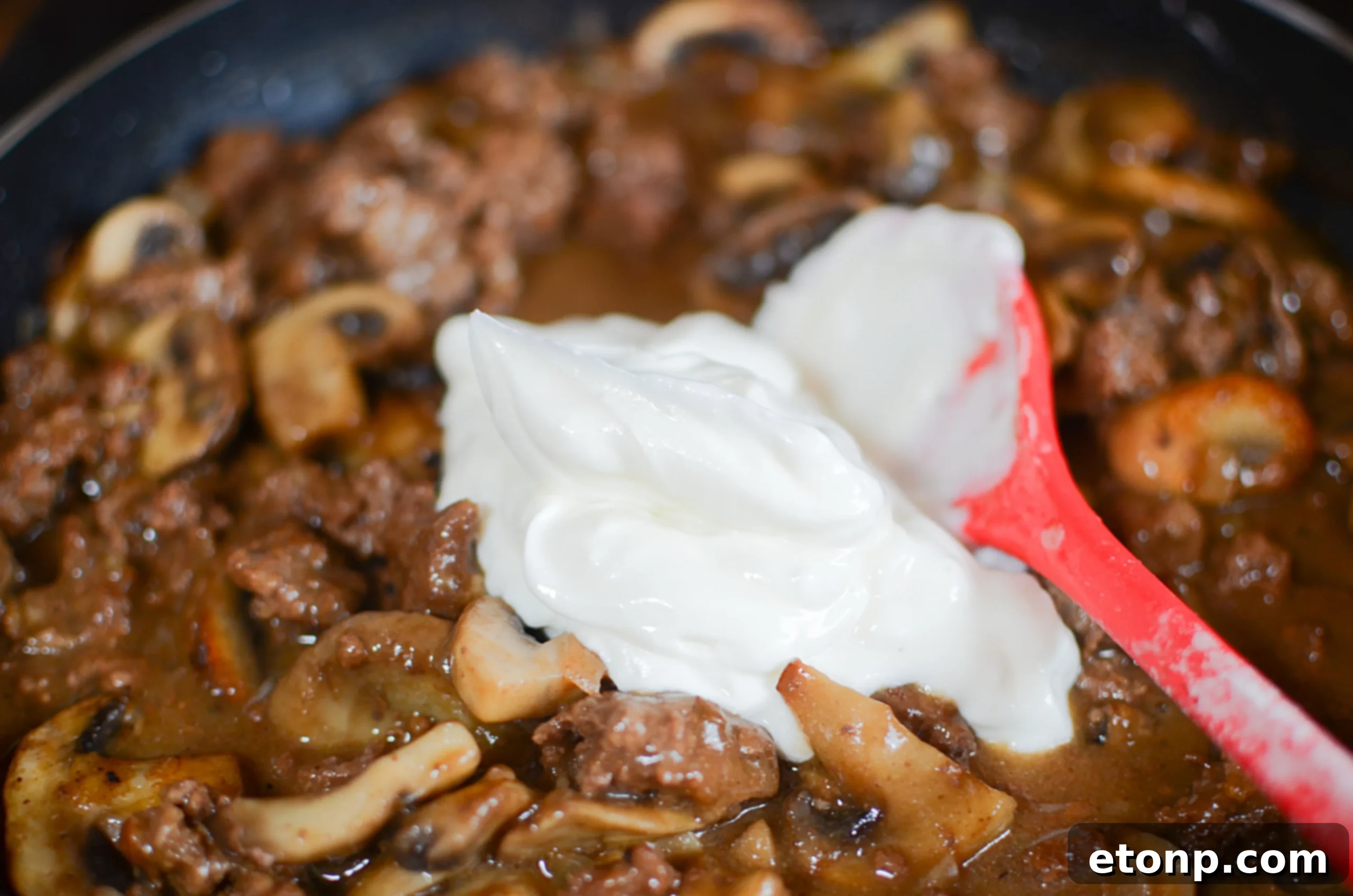 Close-up of creamy beef stroganoff with egg noodles in a skillet.