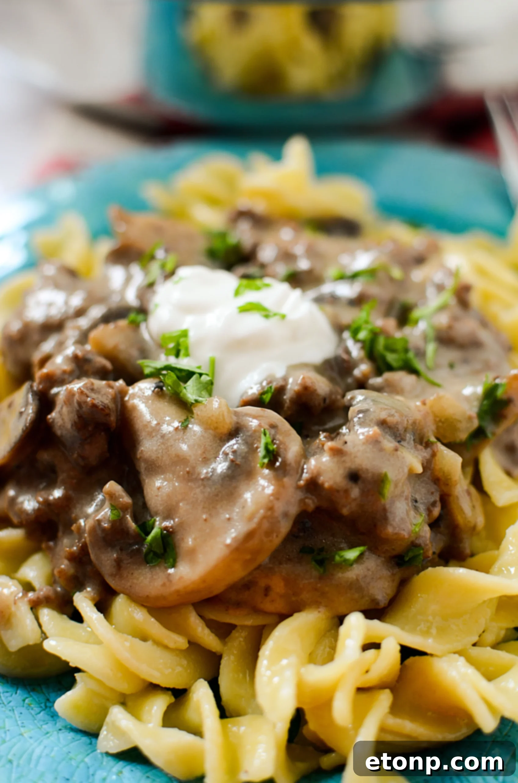 Another perspective of the creamy ground beef stroganoff, inviting to eat.
