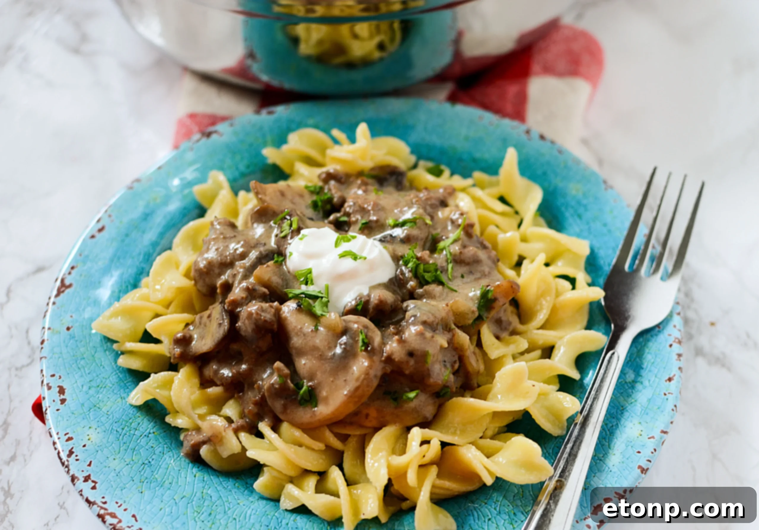 The beef stroganoff prepared in a single skillet, highlighting its ease.