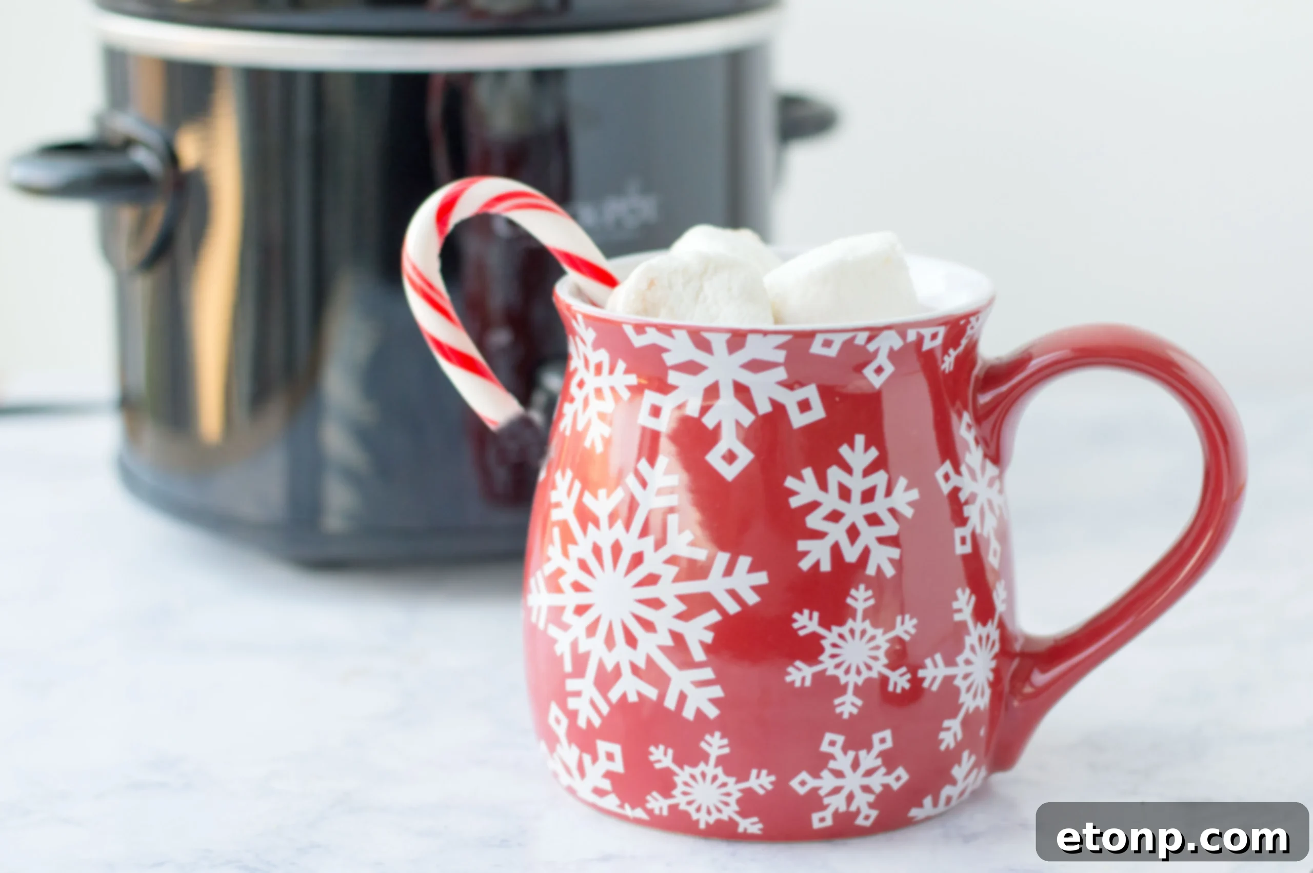 An inviting hot chocolate bar setup with a slow cooker of hot chocolate, various toppings like marshmallows, chocolate shavings, and candy canes.