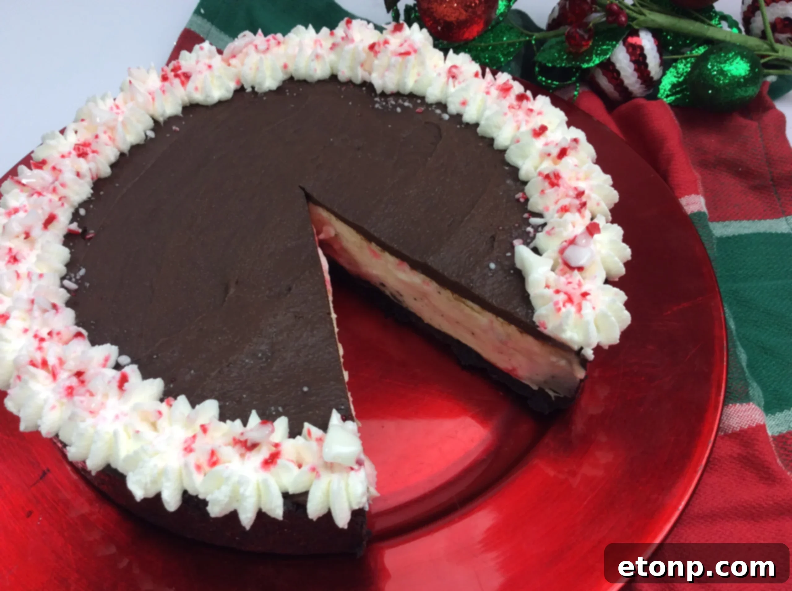 Stunning Candy Cane Cheesecake ready to be served