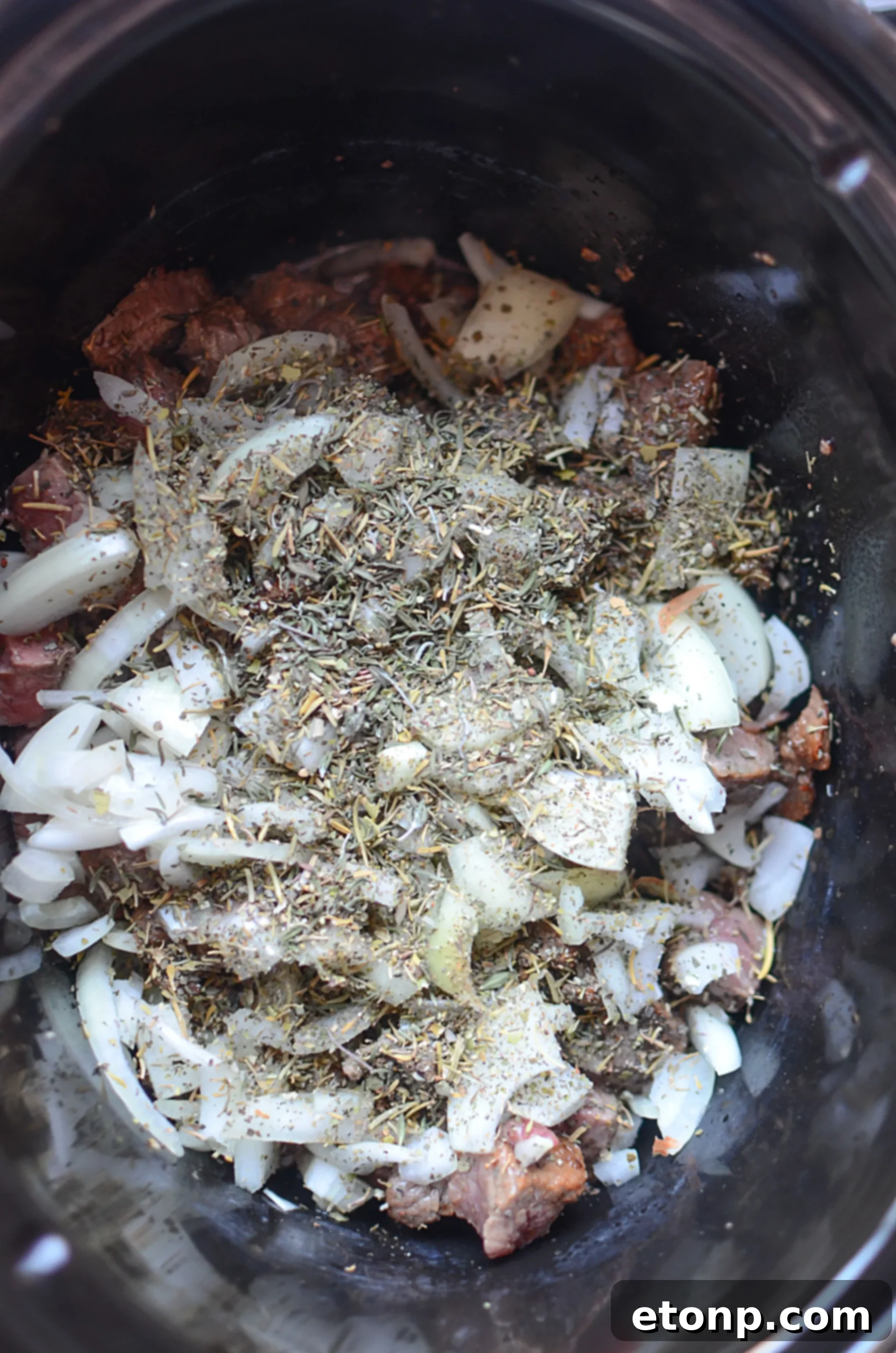 Close-up of slow-cooked sirloin beef tips with mushrooms