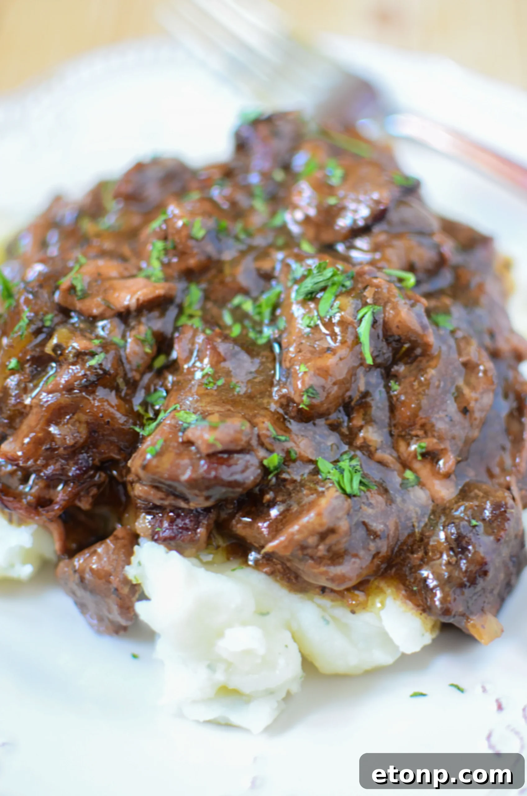 A bowl of beef tips in mushroom gravy with a side of rice