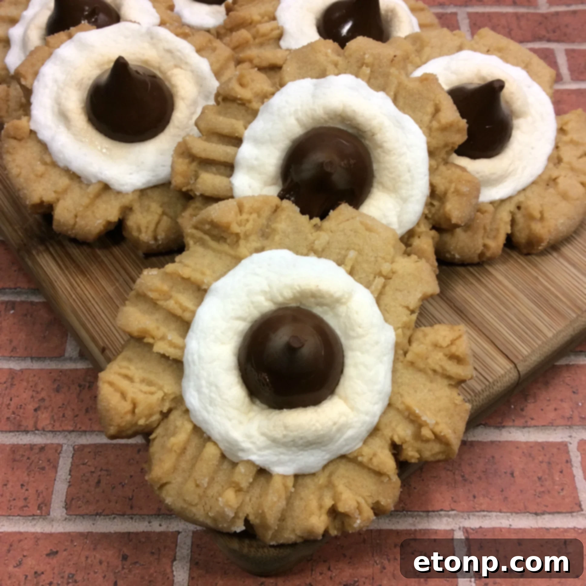 Another close-up of a single Peanut Butter S'mores Cookie with a melted chocolate center