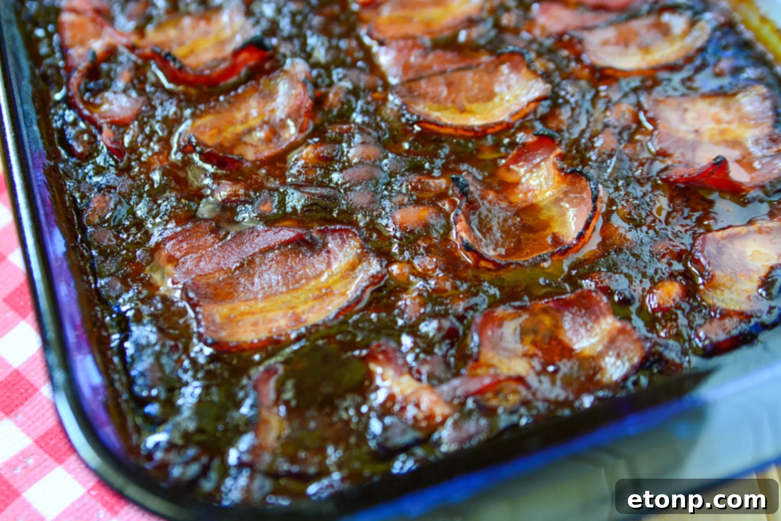 Ultimate Brown Sugar Bacon Baked Beans 5 Large baking dish filled with brown sugar bacon baked beans, ready for the oven