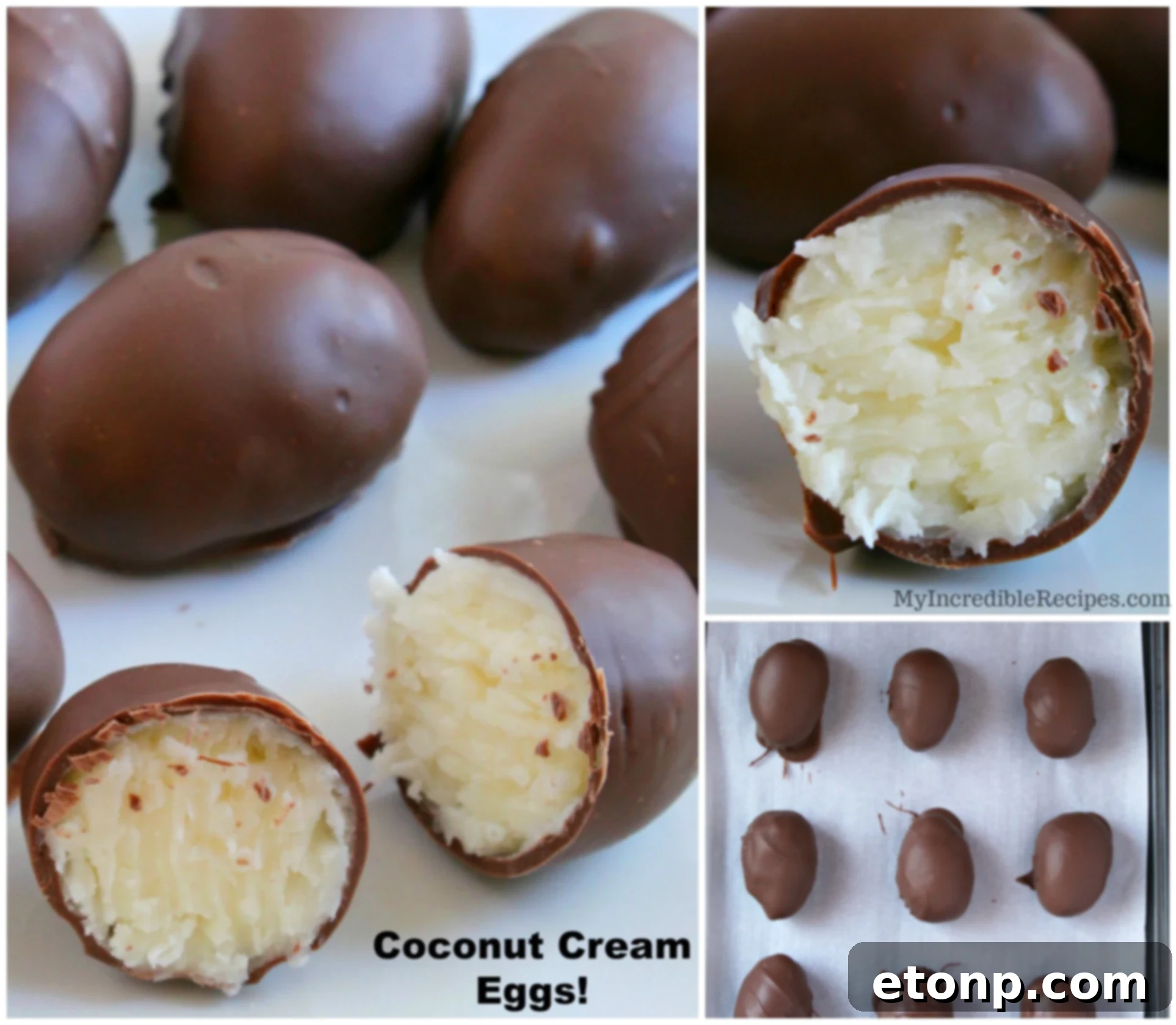 Delicious homemade chocolate coconut cream eggs displayed on a platter, ready to be enjoyed.
