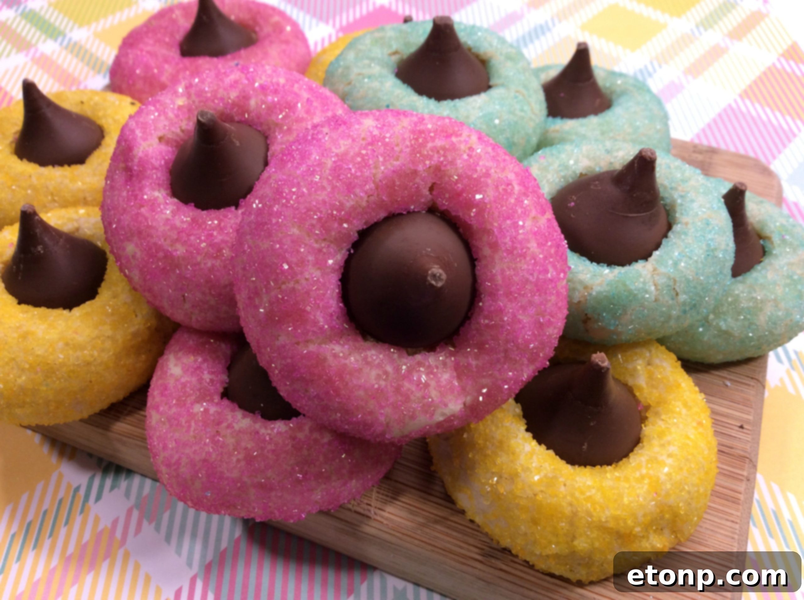Stack of two freshly baked Springtime Thumbprint Cookies showing their soft texture and chocolate center