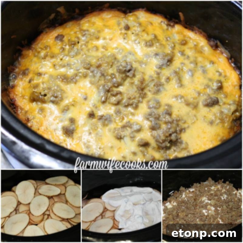 Delicious Slow Cooker Sausage and Potato Casserole with melted cheese and herbs