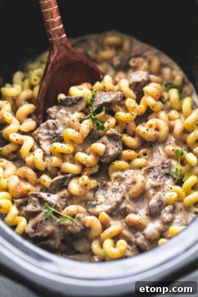 Rich and Creamy Slow Cooker Beef Stroganoff with egg noodles and fresh parsley