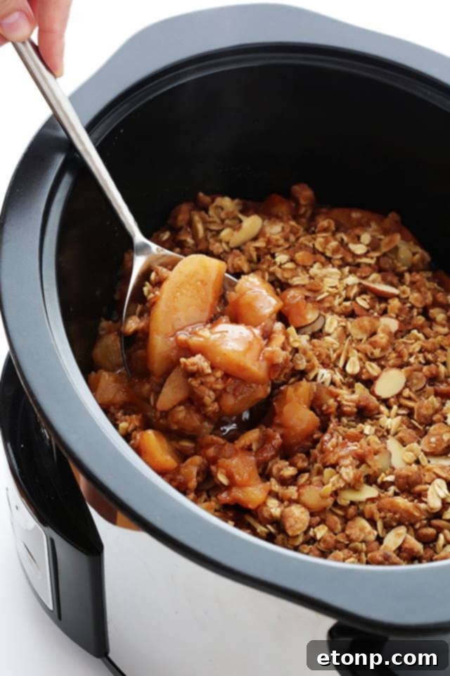 Warm Slow Cooker Apple Crisp with a scoop of melting vanilla ice cream on top