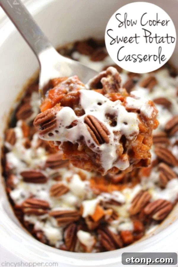 Sweet Potato Casserole with a golden pecan topping, cooked and served from a slow cooker