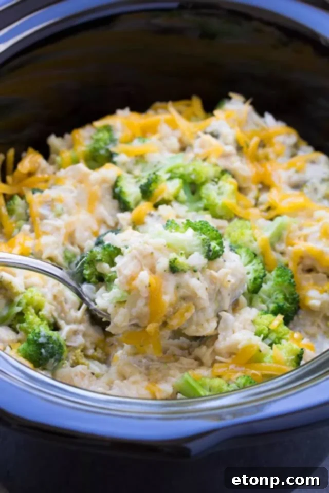 Creamy Slow Cooker Chicken, Broccoli & Rice Casserole in a serving dish, garnished with fresh herbs