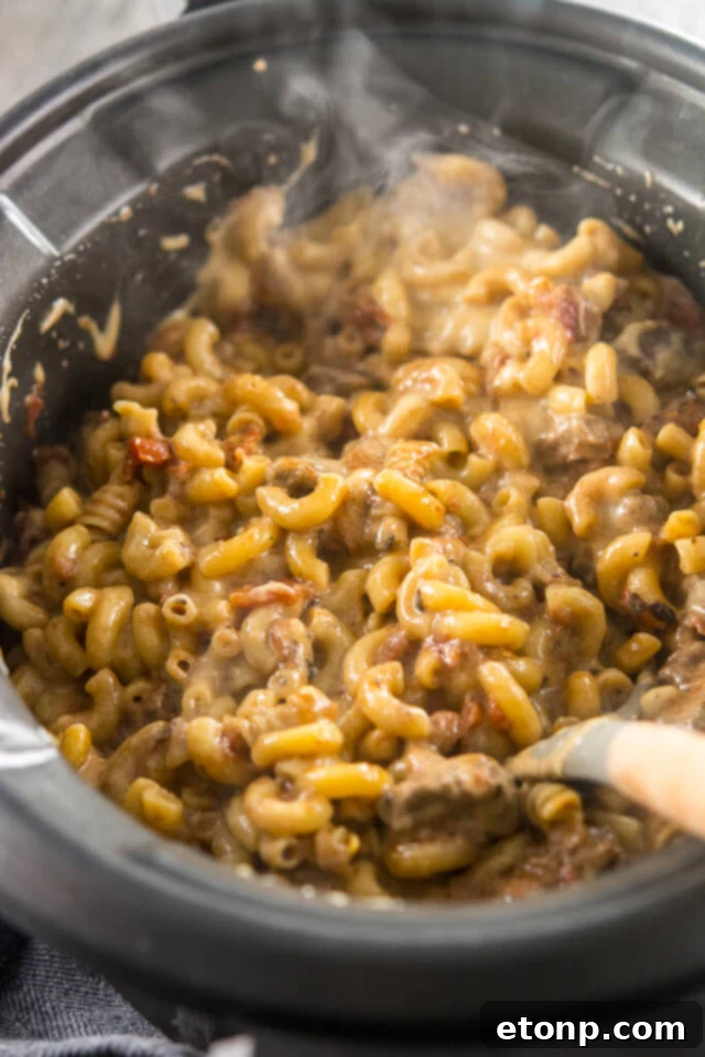 Gourmet Slow Cooker Beer Mac & Cheese in a rustic bowl, garnished with breadcrumbs