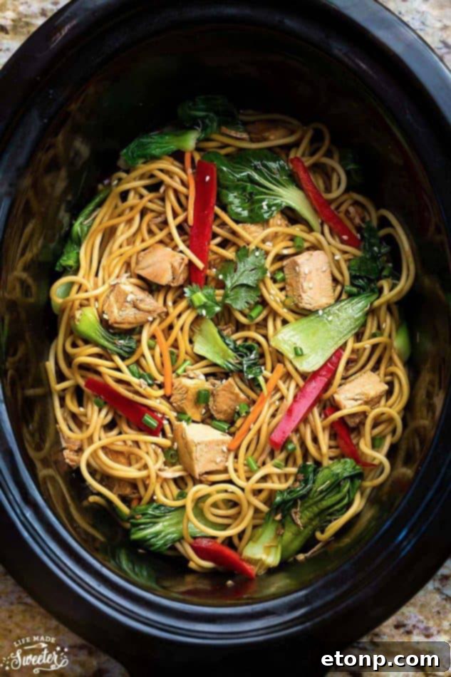 Homemade Easy Slow Cooker Chicken Lo Mein with noodles, chicken, and colorful vegetables