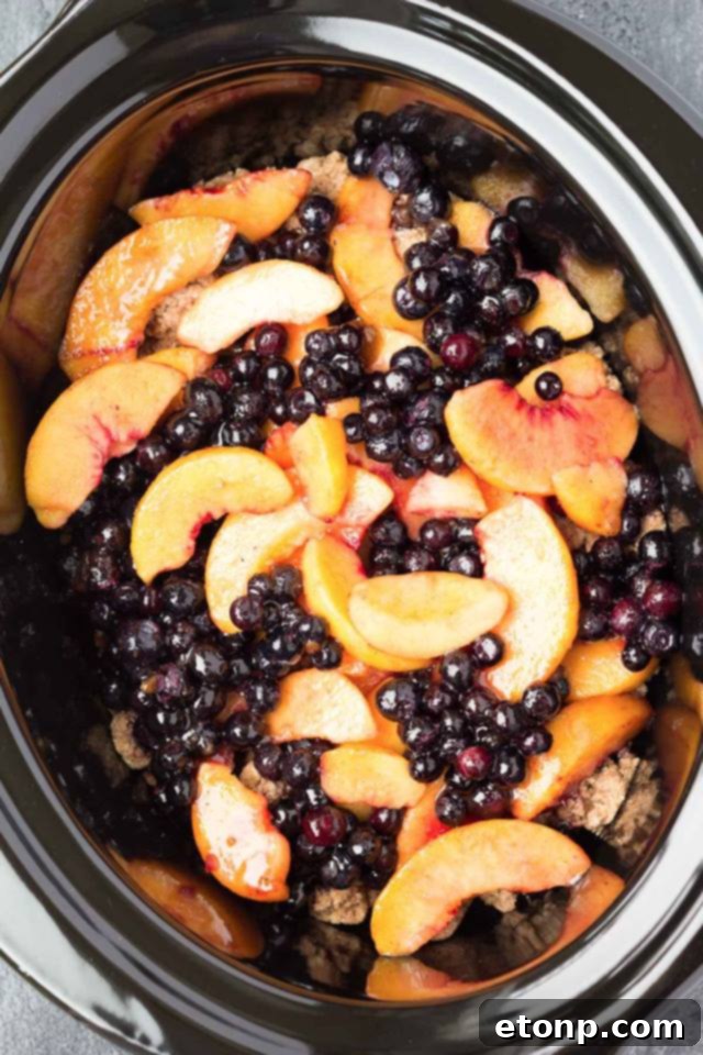 Warm Slow Cooker Blueberry Peach Cobbler with a golden brown topping and a scoop of ice cream