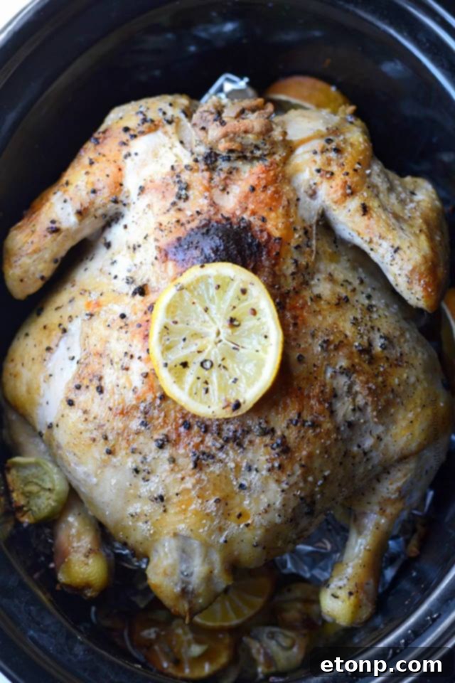 Juicy Slow Cooker Garlic Butter Chicken pieces drenched in a golden sauce