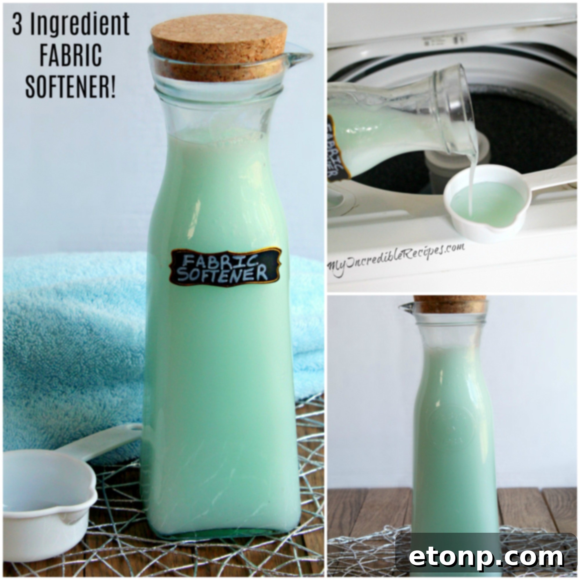 A large bottle of homemade fabric softener with measuring cups and a towel, ready for laundry day.