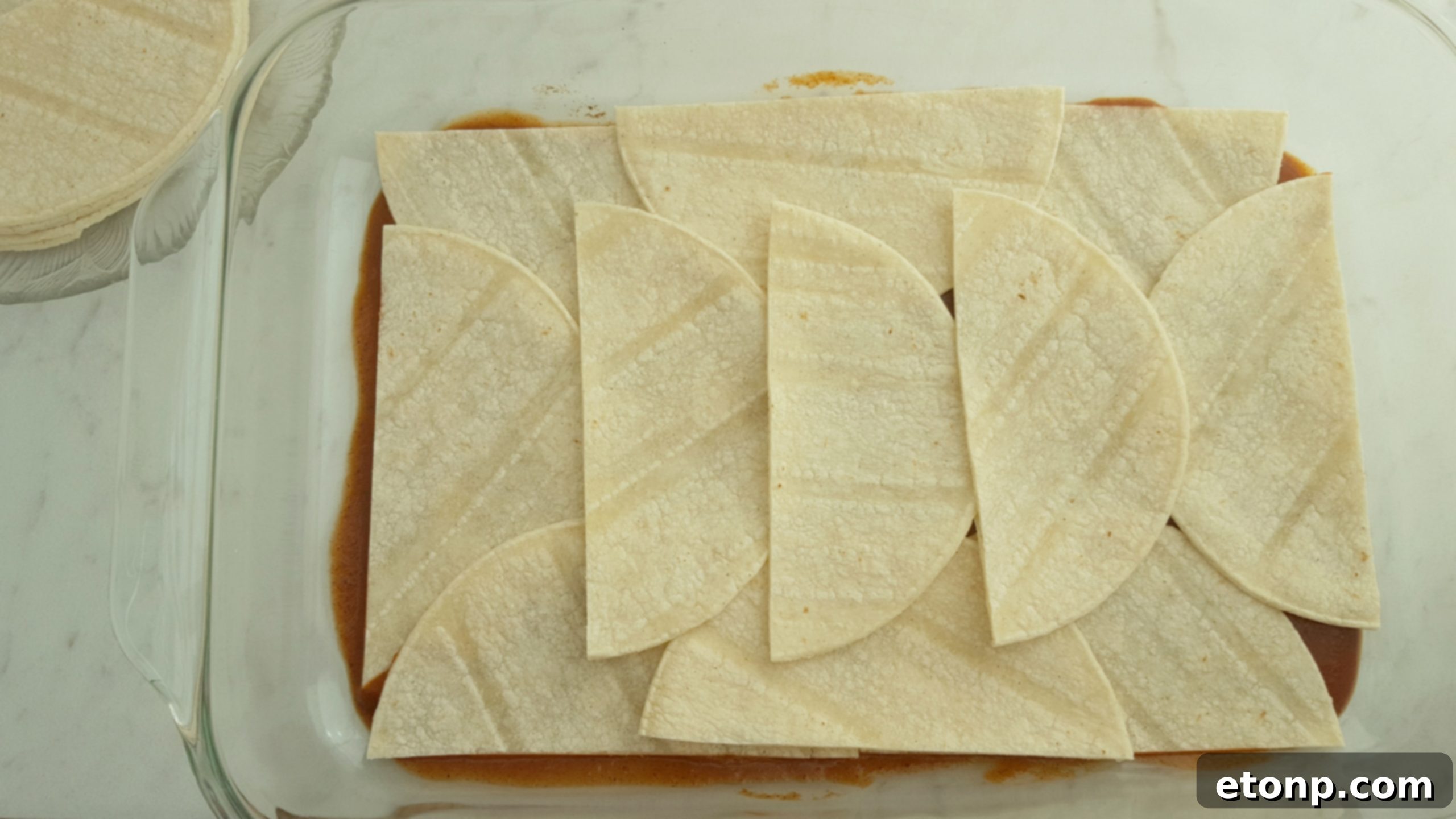 A close-up view of the layered ingredients before baking