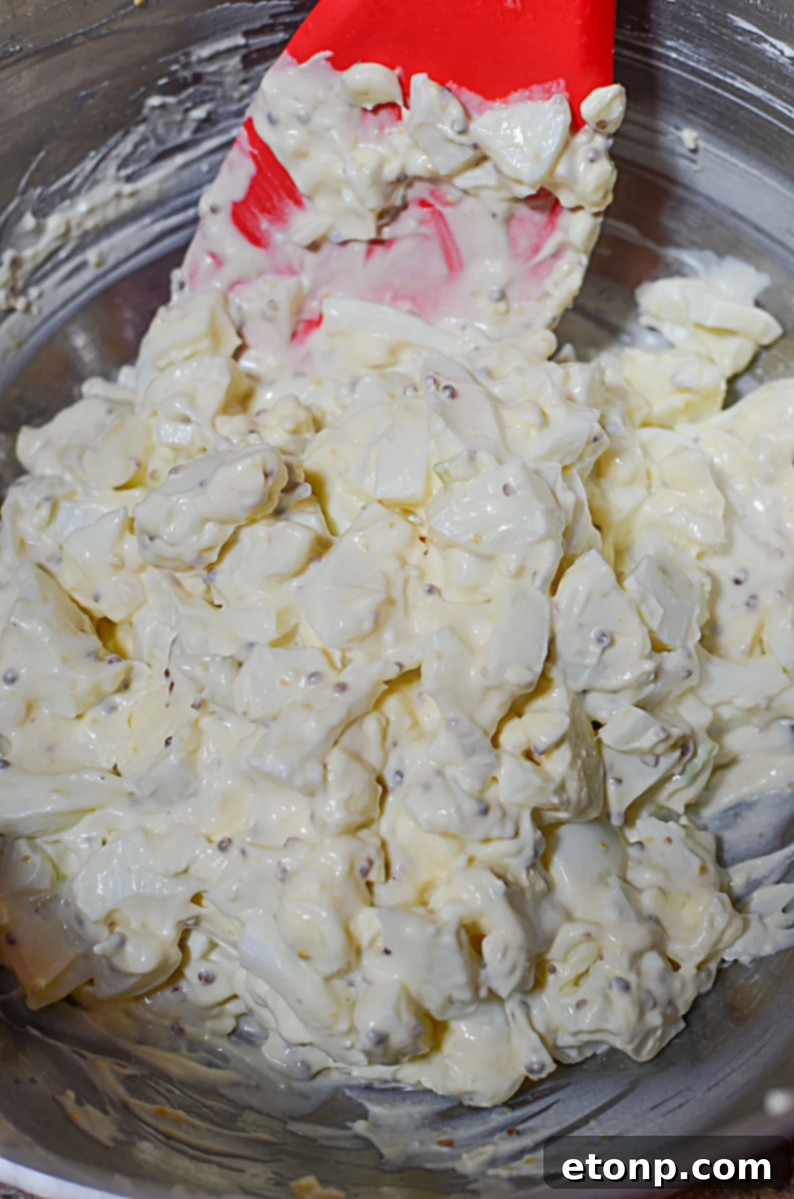 Creamy Egg Salad Perfection 4 Scoops of creamy egg salad artfully arranged on a white plate