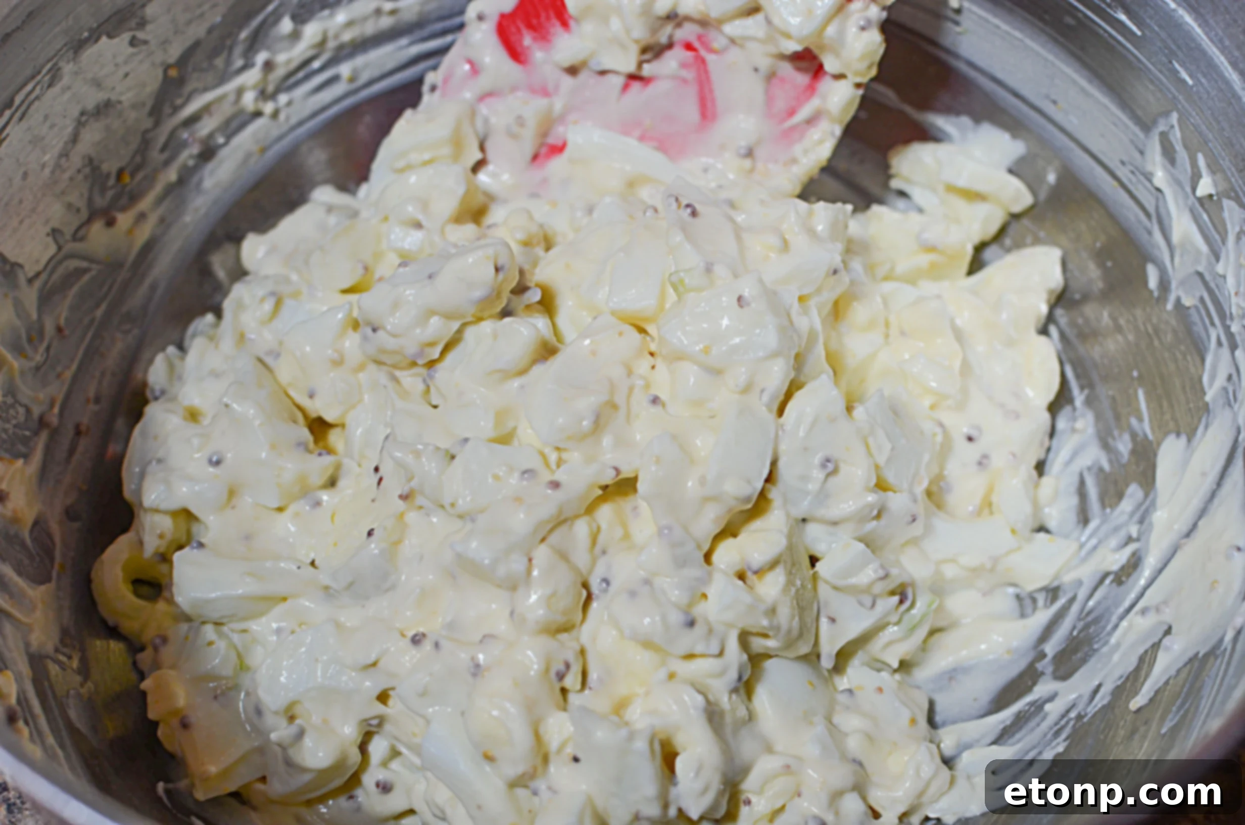 Creamy Egg Salad Perfection 5 Egg salad generously spread on a piece of golden brown toast
