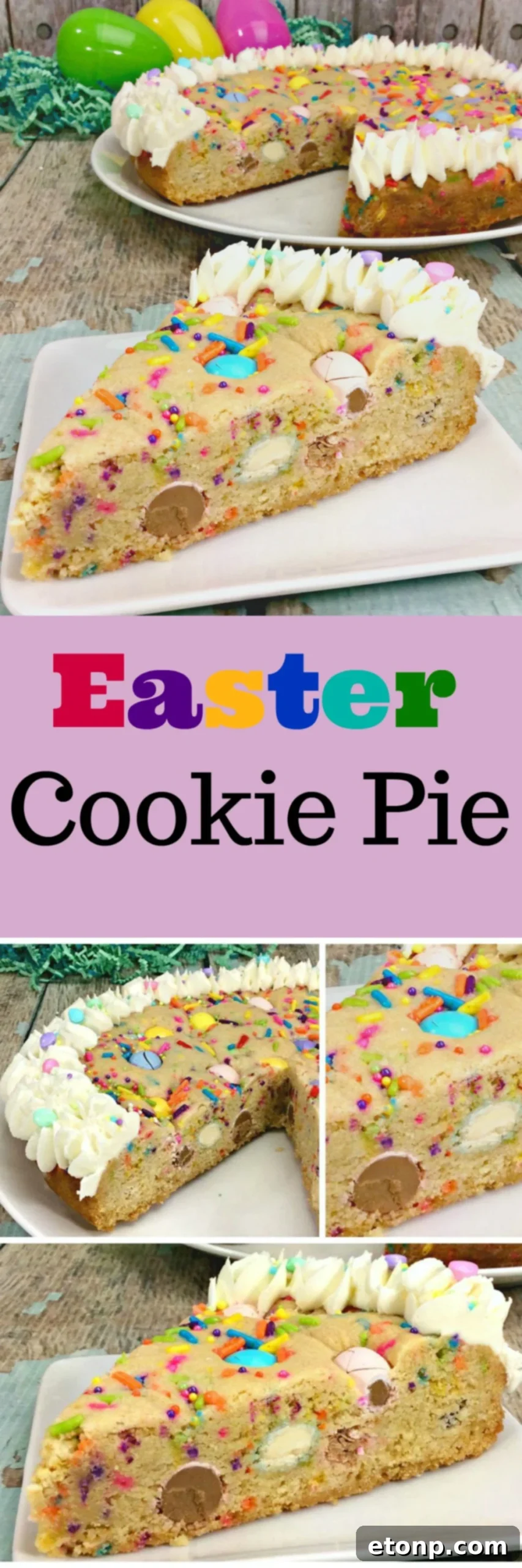 A beautifully presented whole Easter Cookie Pie with piped frosting and sprinkles, showcasing its festive appeal.