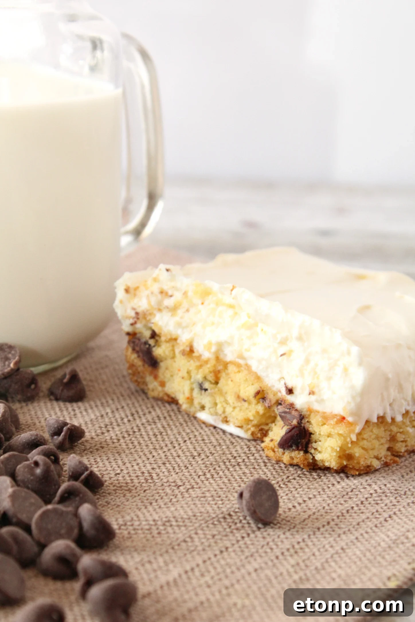 Close-up of a perfectly layered chocolate chip cheesecake bar, showing the cookie base and creamy top