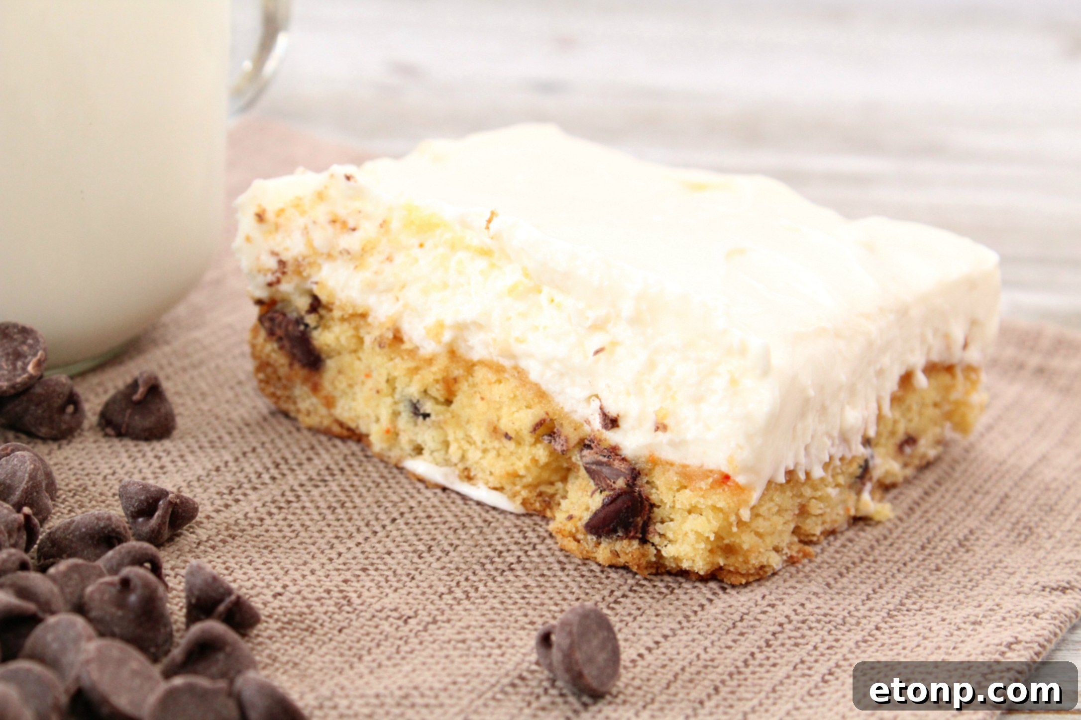 A single Toll House Chocolate Chip Cheesecake Bar on a plate, showcasing its rich texture and chocolate chips